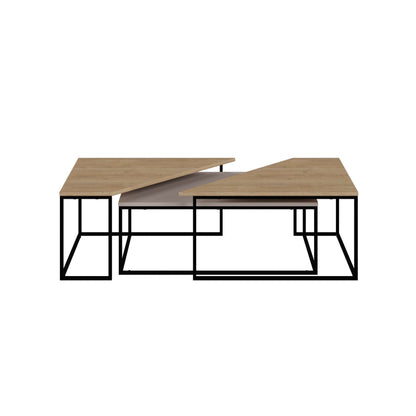 3-piece nesting coffee table set with geometric tops and metal frames, perfect for flexible and space-saving living room use.