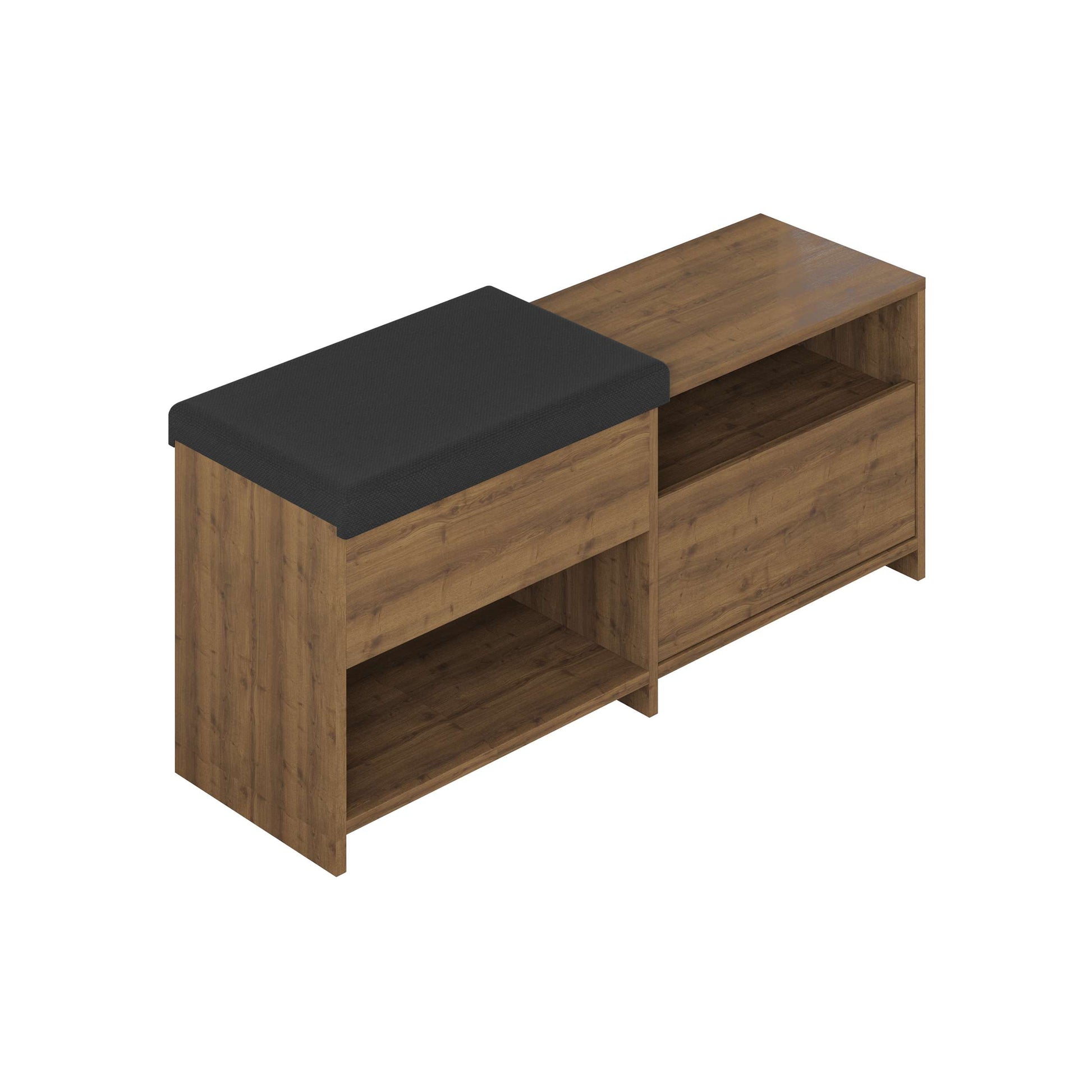 Compact hallway shoe bench with cushioned seat, open shelves and flap compartment, perfect for entryway storage.