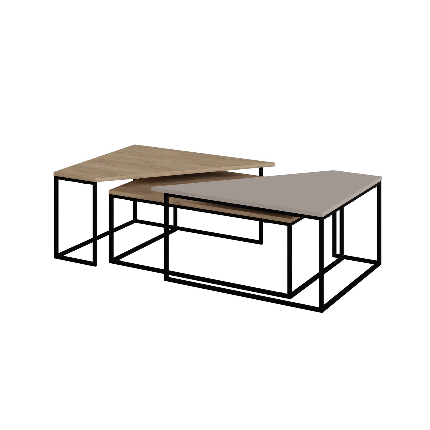 3-piece nesting coffee table set with geometric tops and metal frames, perfect for flexible and space-saving living room use.