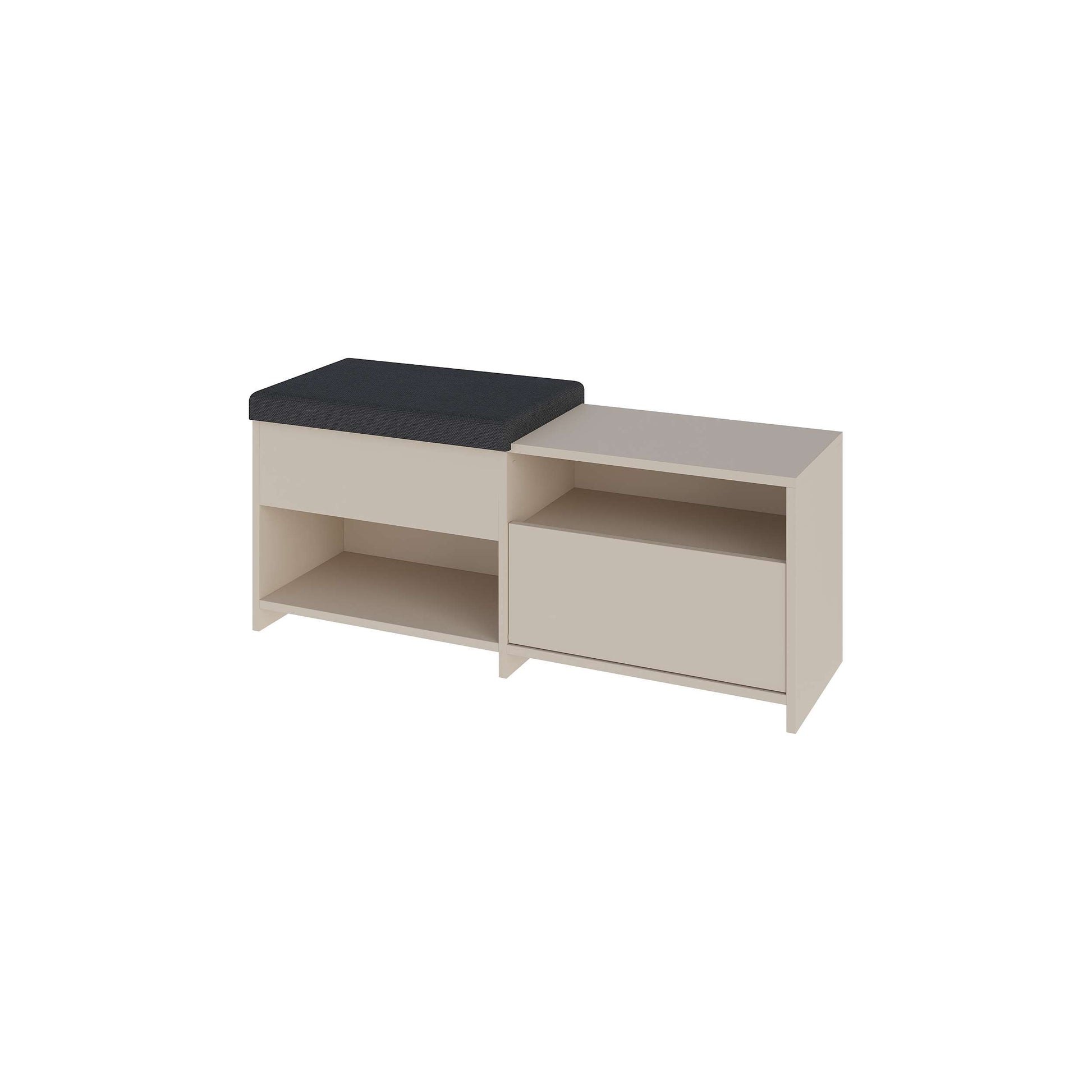 Compact hallway shoe bench with cushioned seat, open shelves and flap compartment, perfect for entryway storage.