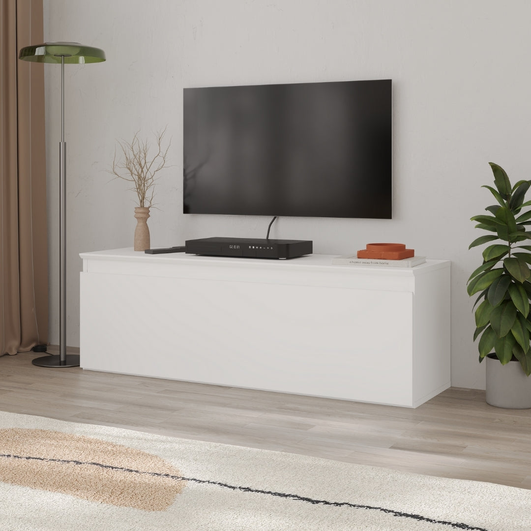 Modern Sunset TV Stand with Drop-Down Door – White