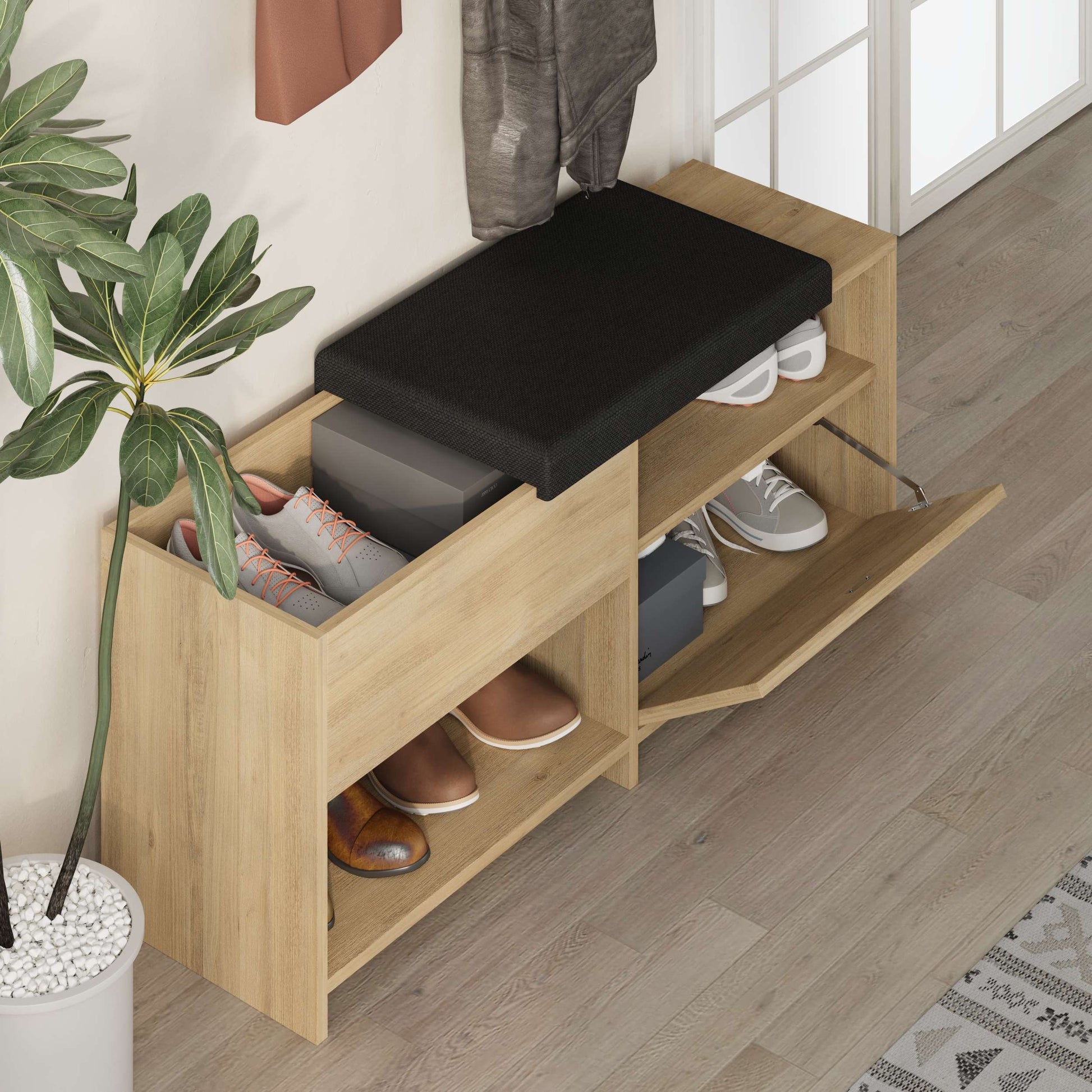 Compact hallway shoe bench with cushioned seat, open shelves and flap compartment, perfect for entryway storage.