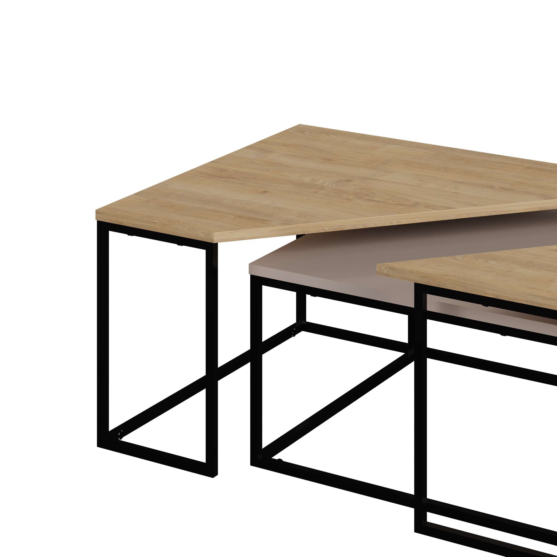 3-piece nesting coffee table set with geometric tops and metal frames, perfect for flexible and space-saving living room use.