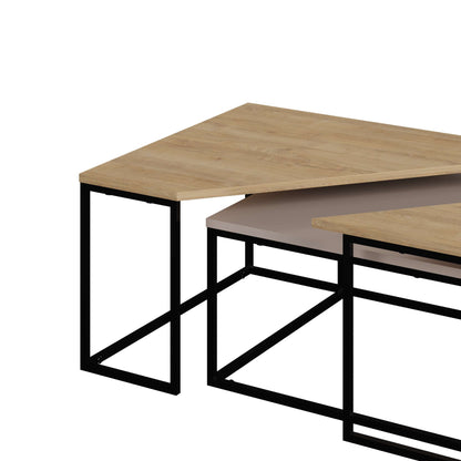 3-piece nesting coffee table set with geometric tops and metal frames, perfect for flexible and space-saving living room use.