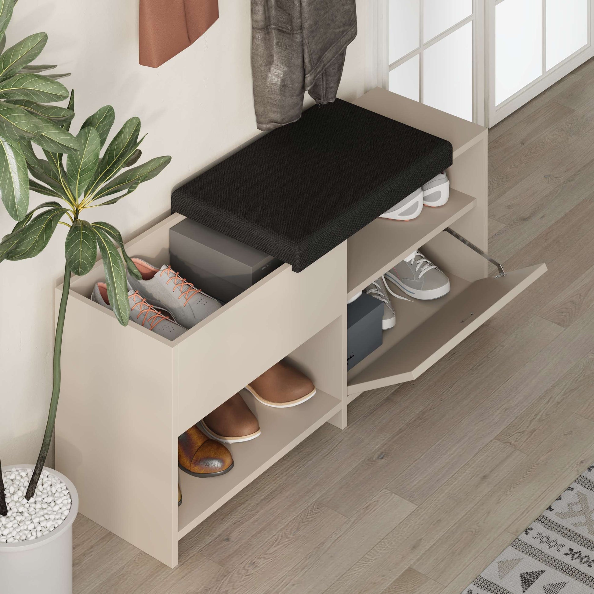 Compact hallway shoe bench with cushioned seat, open shelves and flap compartment, perfect for entryway storage.