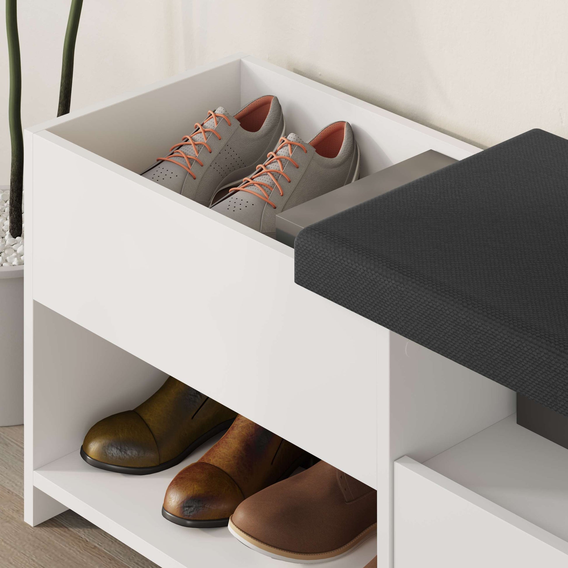 Compact hallway shoe bench with cushioned seat, open shelves and flap compartment, perfect for entryway storage.