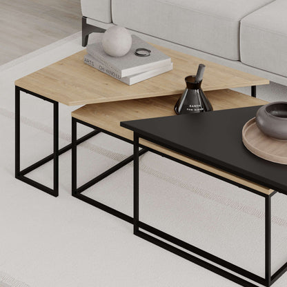 3-piece nesting coffee table set with geometric tops and metal frames, perfect for flexible and space-saving living room use.