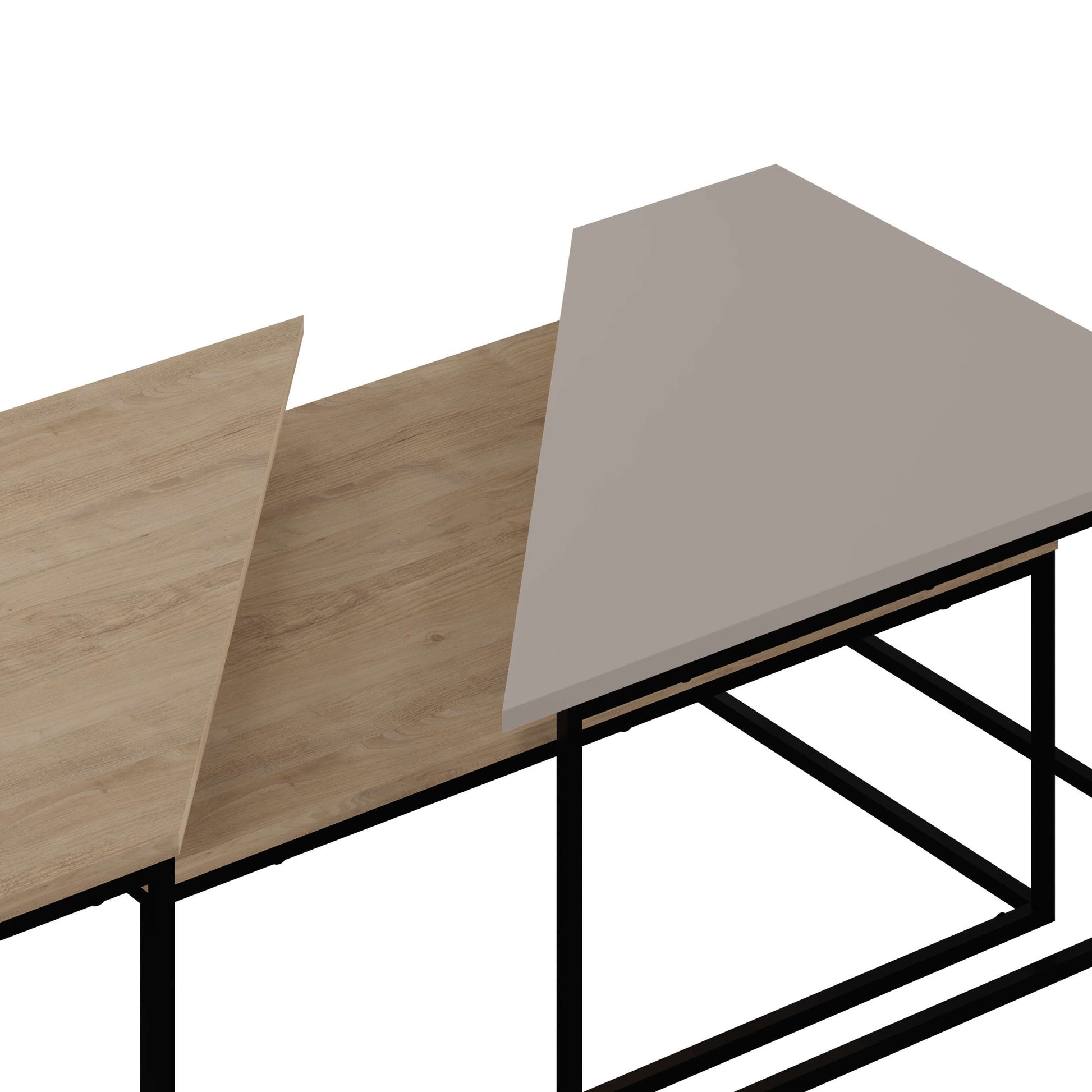 3-piece nesting coffee table set with geometric tops and metal frames, perfect for flexible and space-saving living room use.