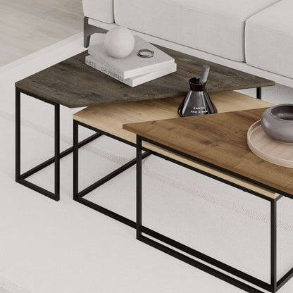 3-piece nesting coffee table set with geometric tops and metal frames, perfect for flexible and space-saving living room use.